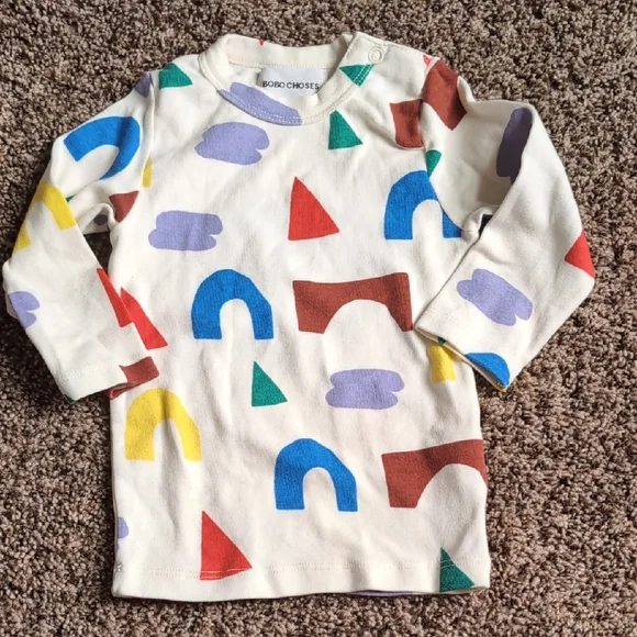 Bobo Choses Cream Long Sleeve Top with Multicolor Geometric Shapes - Picture 1 of 1